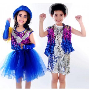 Royal blue rainbow colored sequined patchwork girls kids children boys toddlers modern t show school jazz dj ds dance outfits costumes 
